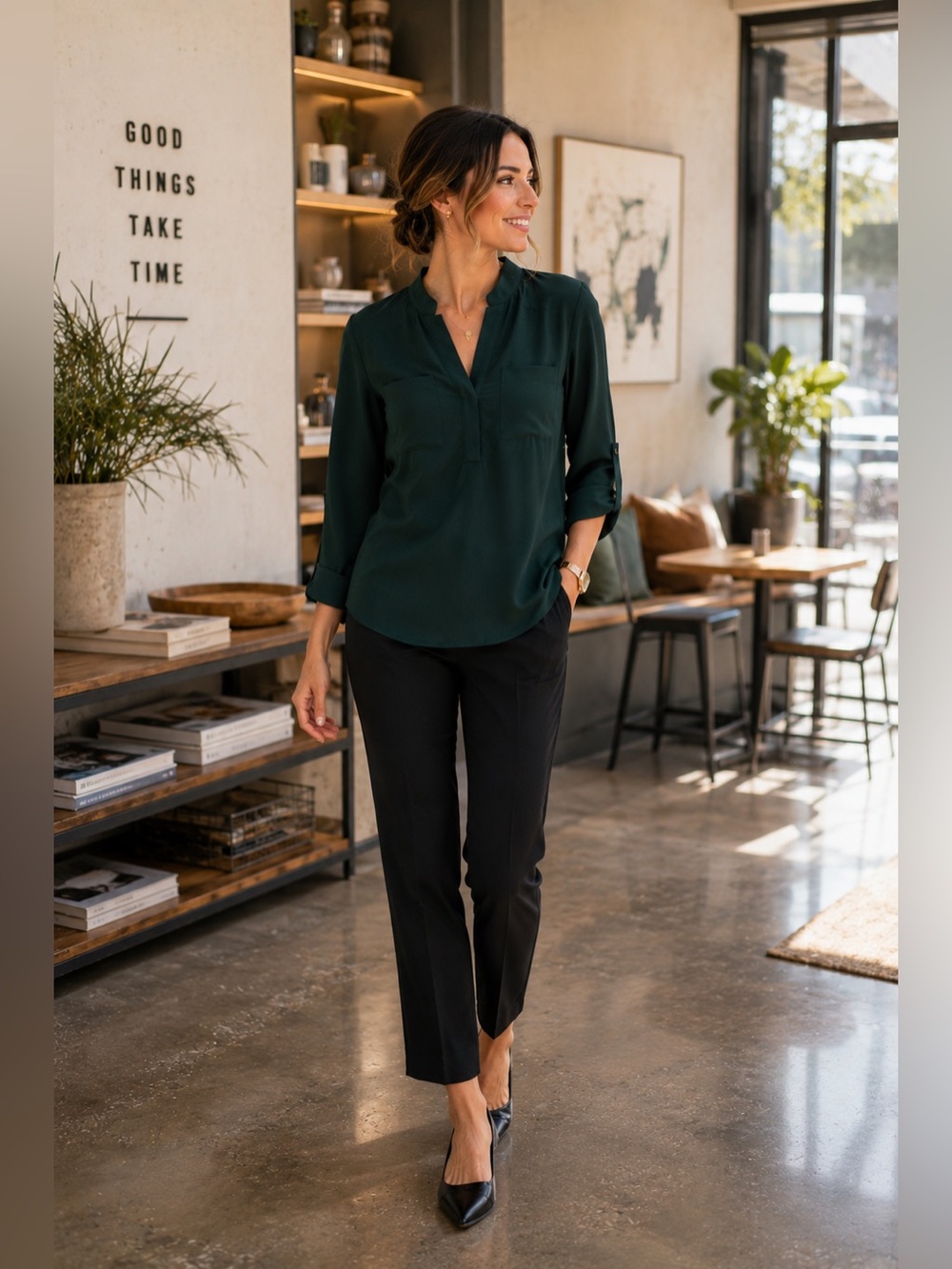 Gianni Bini Dark Green Split Neck Pocket Blouse Long Sleeve Top XS